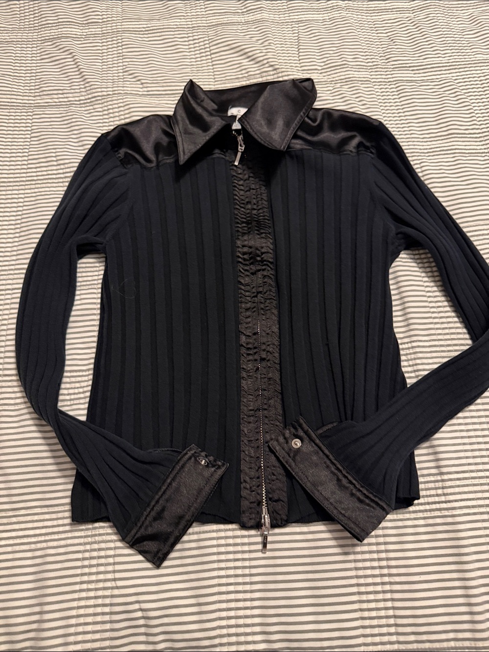 CAbi Black Ribbed Zip-Up Jacket with Satin Collar